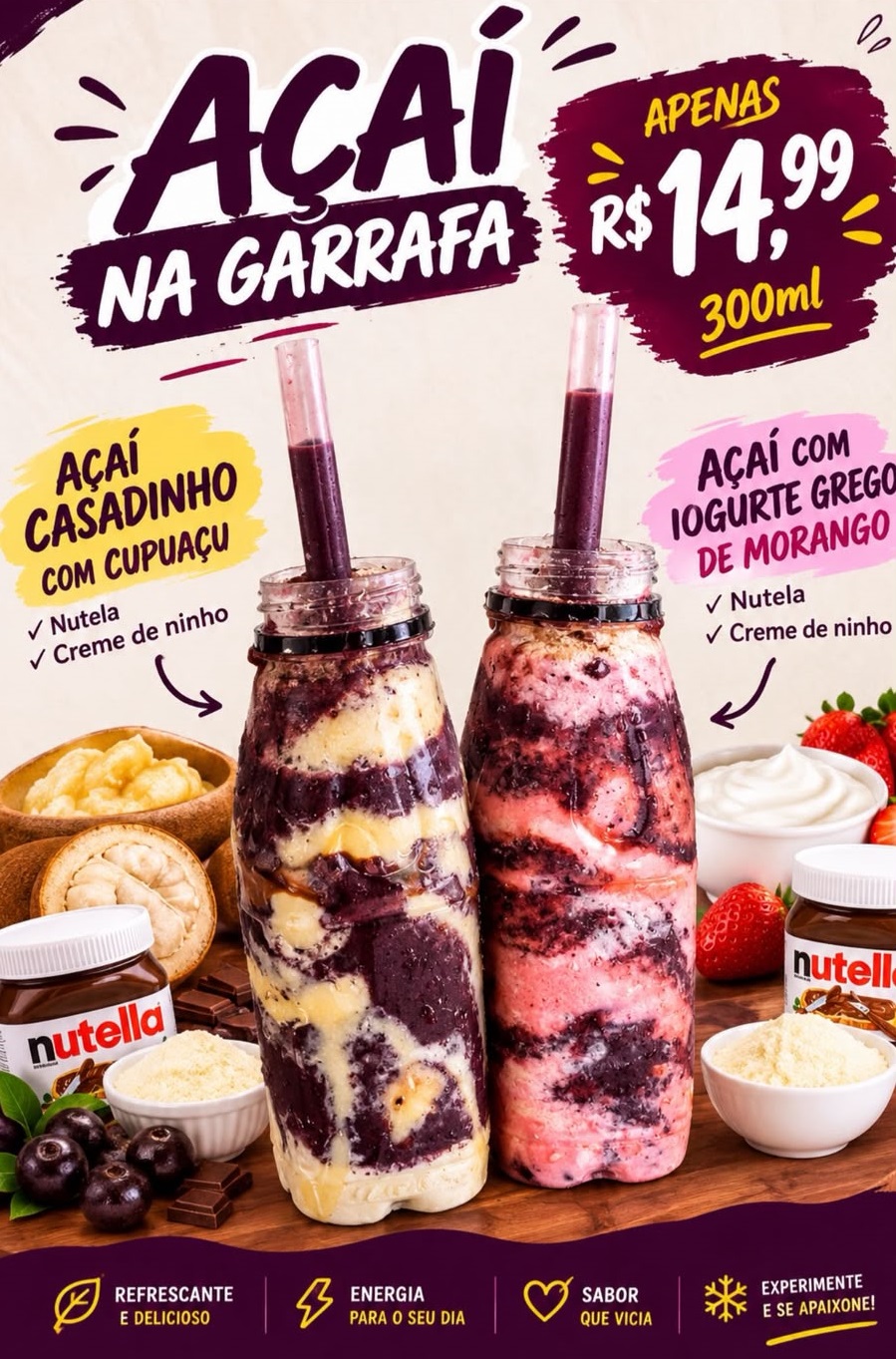 Açaí de garrafa com iogurte grego de morango